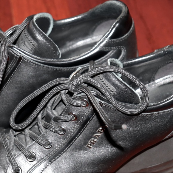Authentic PRADA Sport Milano BlackLeather Logo Wedge LaceupSneakers Eu38.5/US8.5 - Picture 3 of 11